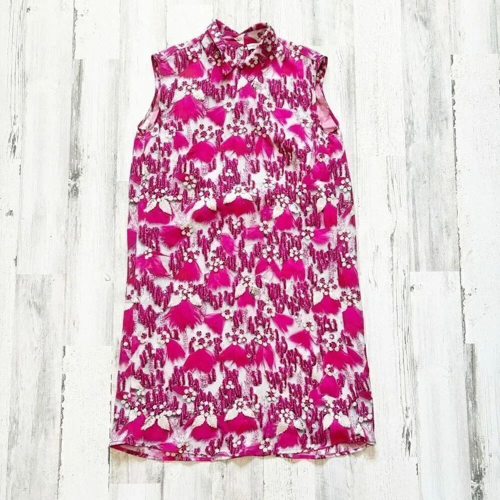 Mary Katrantzou Fuchsia Pink Bejeweled Feather Printed Silk Satin Evening Dress